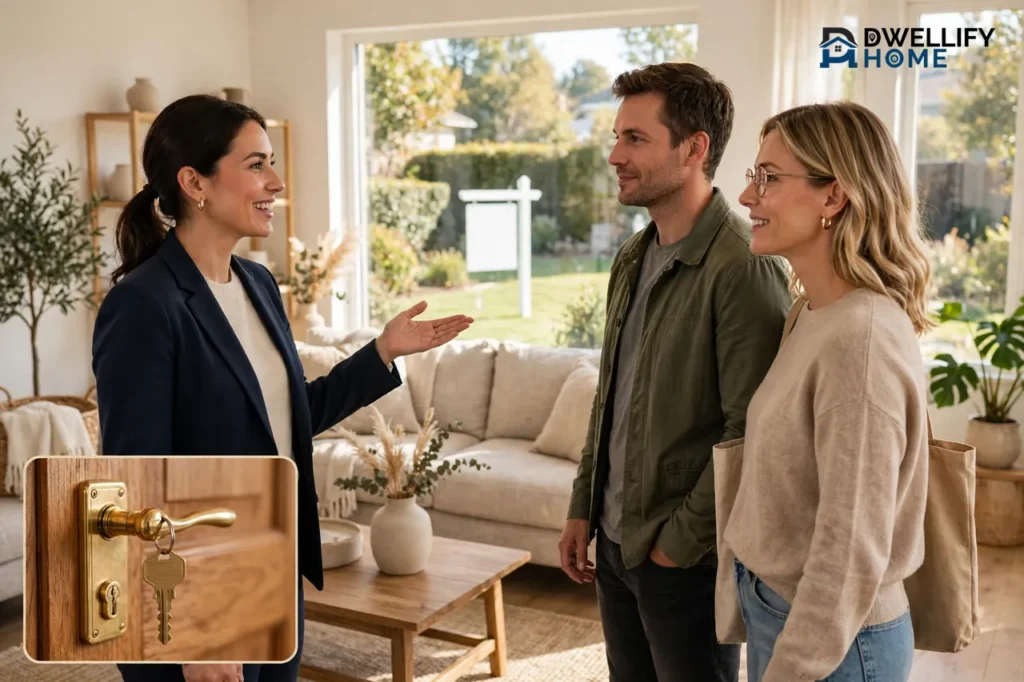 Real estate agent showing a bright living room to a buying couple with a blank for-sale sign and key inset