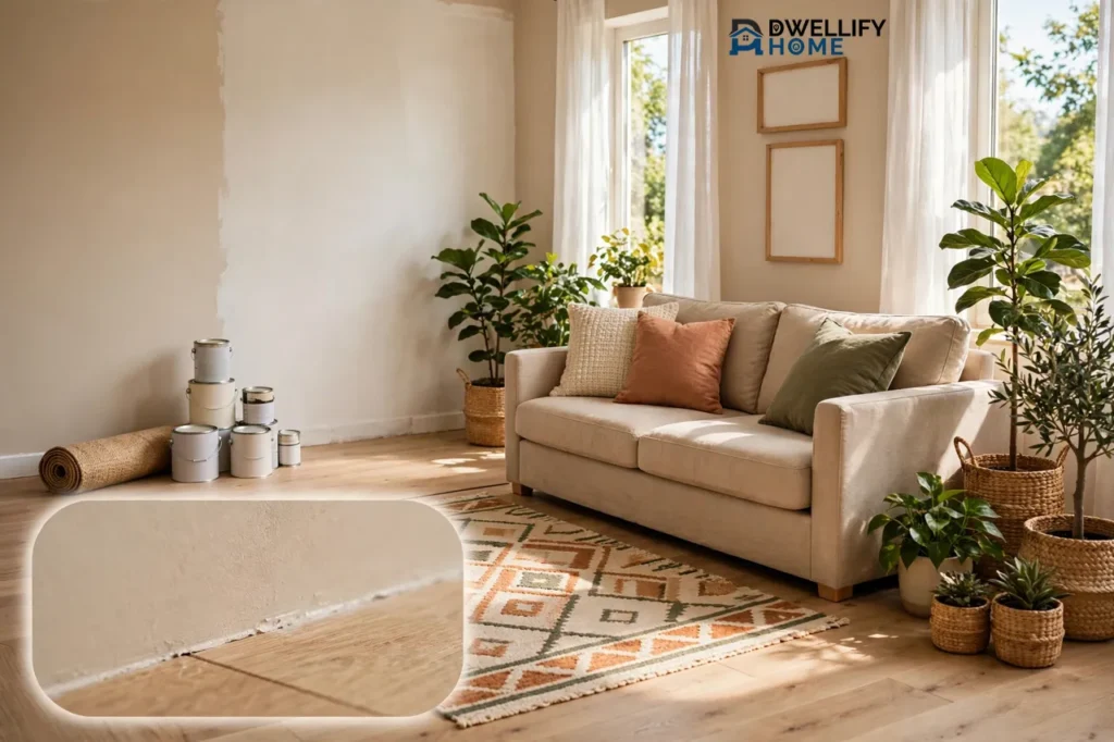 One room showing styled decorating beside fresh plaster, new wood floor and paint supplies, with a close-up inset of fresh paint meeting new flooring