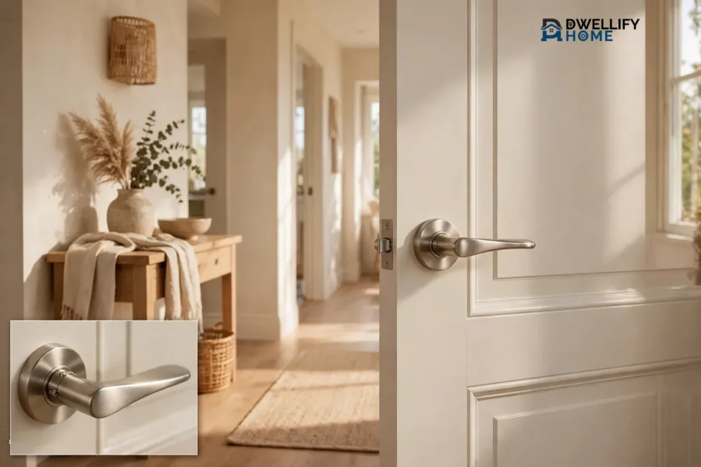 Single elegant lever door handle on a pale interior door, handle close-up inset