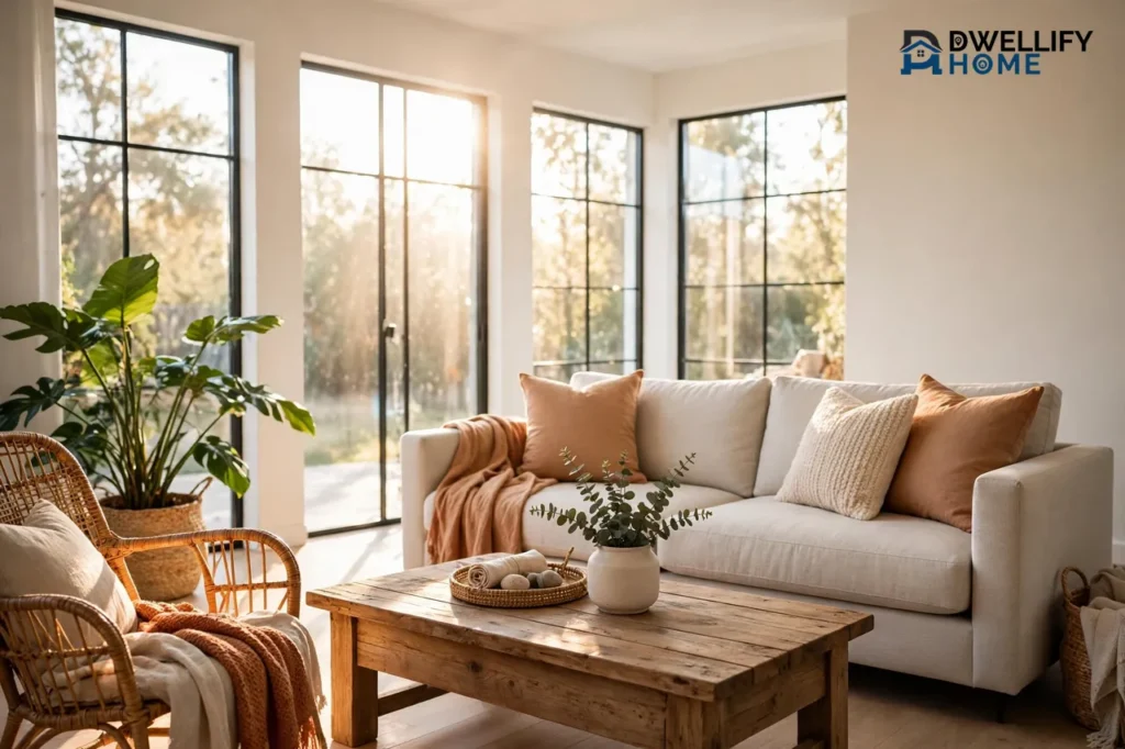 Bright living room blending a modern sofa, farmhouse wood table, and boho rattan chair