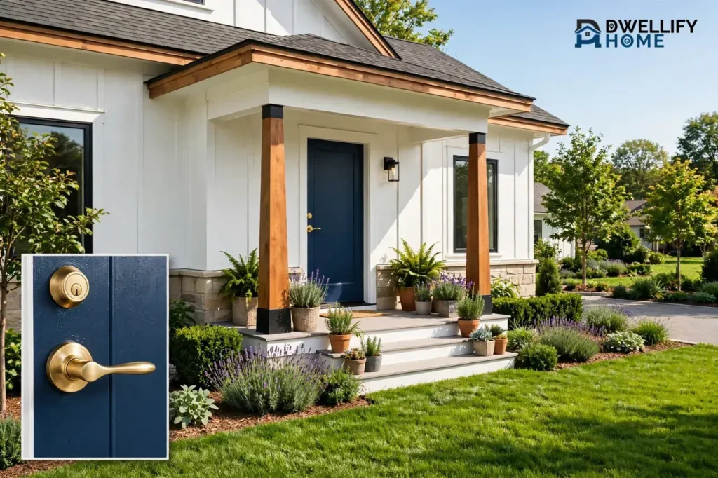 A freshly renovated white house exterior with a navy front door, tidy porch with potted plants, neat landscaping and green lawn in bright daylight, and a close-up inset at the bottom left showing the brass door handle and lock.