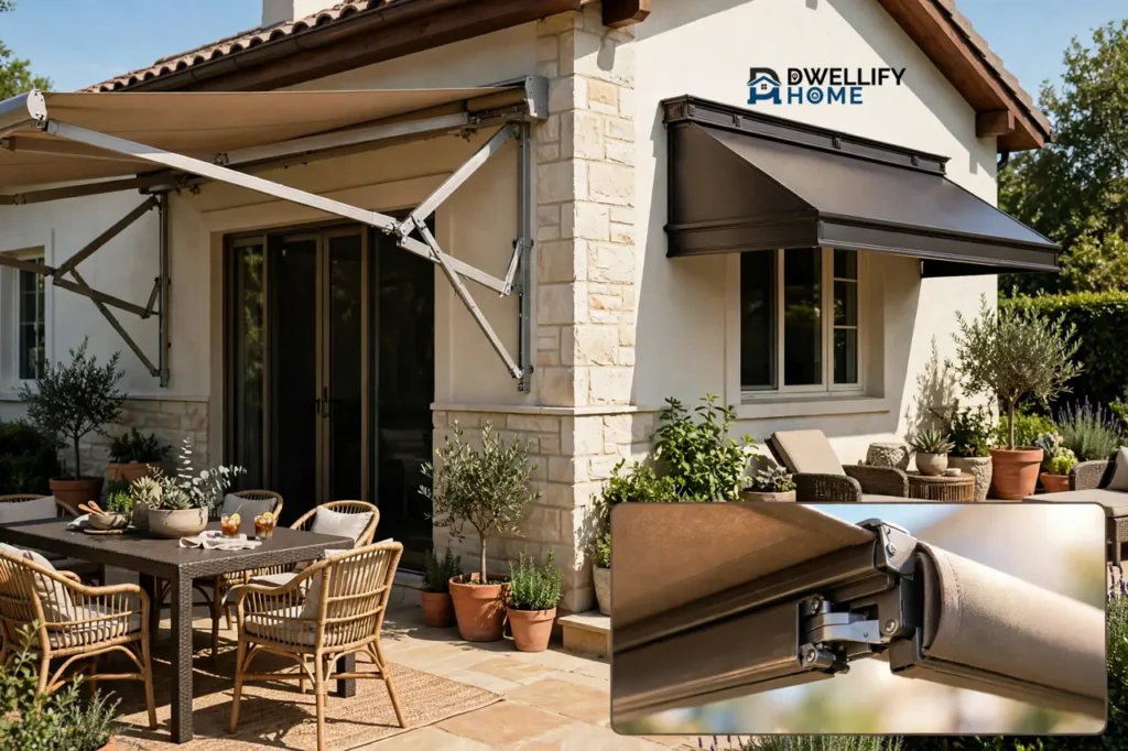 Patio with extended retractable awning beside a fixed rigid canopy, with a retractable-arm inset
