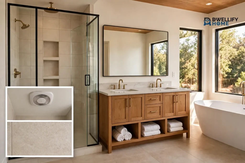 Fresh modern bathroom with double vanity glass shower and freestanding tub, ventilation fan and tile inset