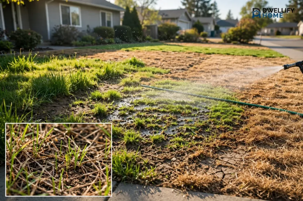Heat-stressed brown lawn with green regrowth patches and a hose watering, with a grass and soil regrowth inset
