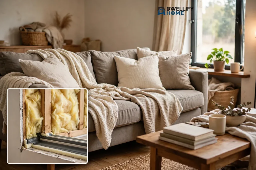 Comfortable new living room with a soft sofa and warm light, with a magnified inset showing wall insulation and a sealed window edge
