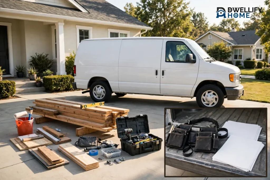 Unmarked white contractor van outside a home with lumber and tools laid out, with a tool belt and blank plan pages