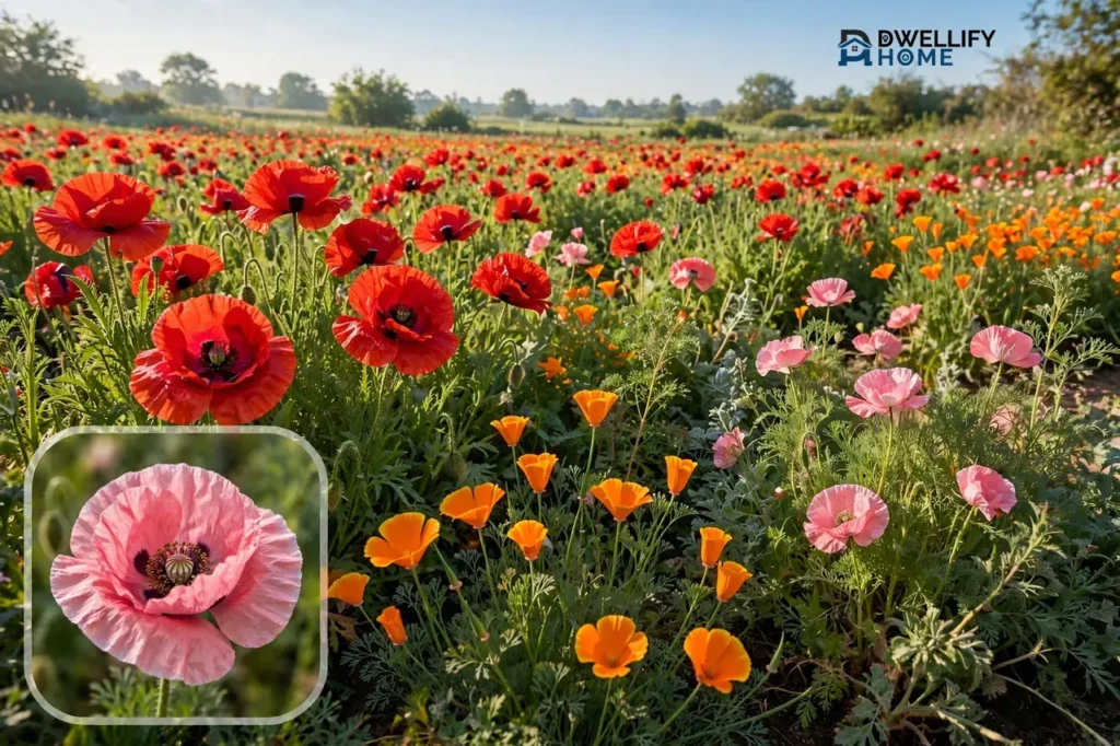 Open poppy field in full bloom with red, orange and pink poppies, and a magnified close-up of a pink poppy bloom in the bottom-left corner