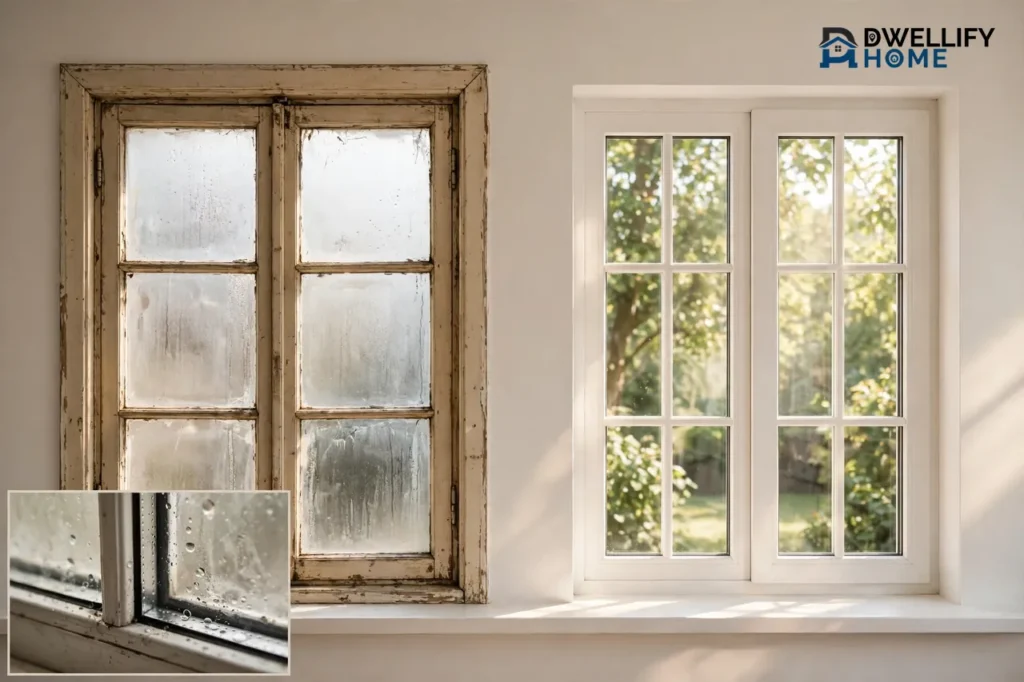 Worn fogged old window beside a fresh clear new window with a fogged seal edge inset