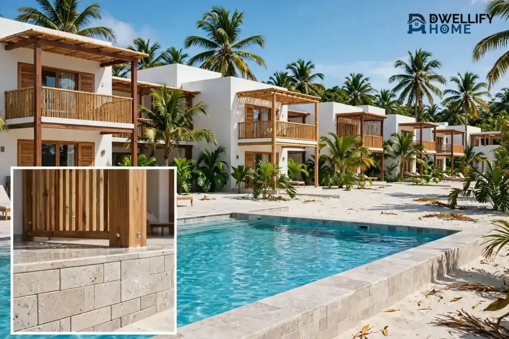 Elegant renovated tropical resort exterior with pool and palms, and a close-up inset of renovated poolside tile and balcony woodwork
