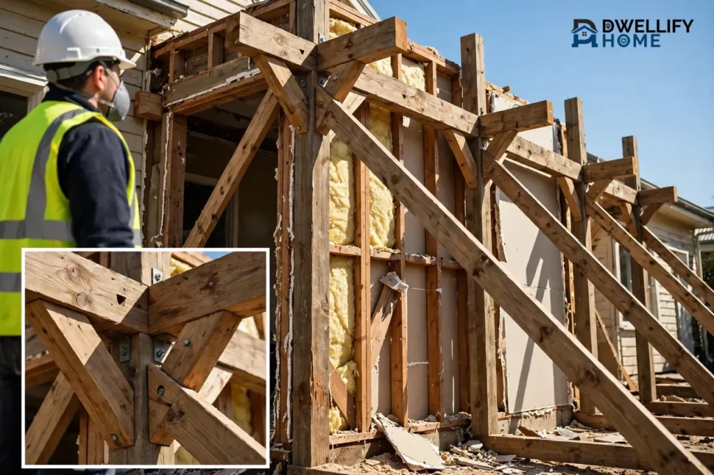 Worker in hard hat, hi-vis vest and dust mask beside timber bracing at a renovation site, with a close-up inset of a bracing joint