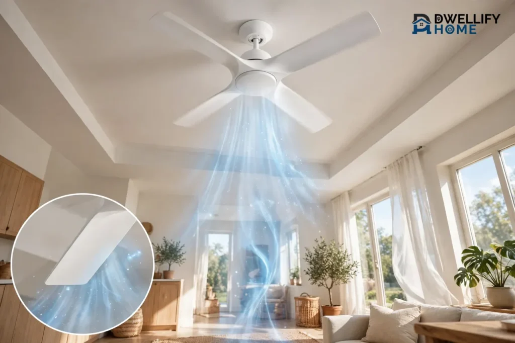 White ceiling fan in a bright living room pushing a visible stream of cool air straight down, with a magnified close-up of a fan blade and downward airflow in the bottom-left corner
