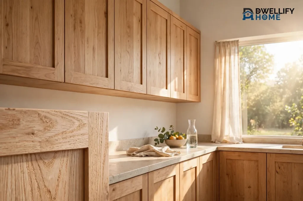 Bright sunlit kitchen with natural white oak Shaker cabinets, light stone countertop, and a close-up wood-grain panel in the foreground, with the Dwellify Home logo at the top right