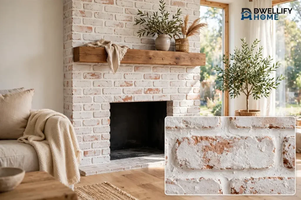 Whitewashed brick fireplace with varied wash coverage, brick texture inset