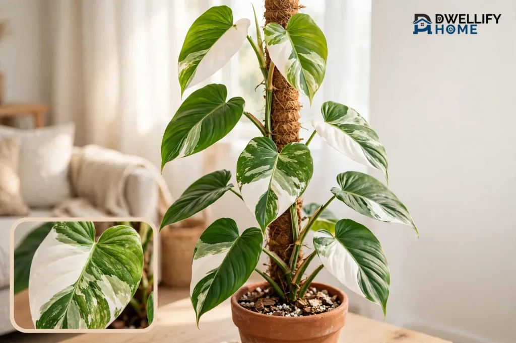 White-variegated philodendron climbing a moss pole in a terracotta pot, variegated leaf inset