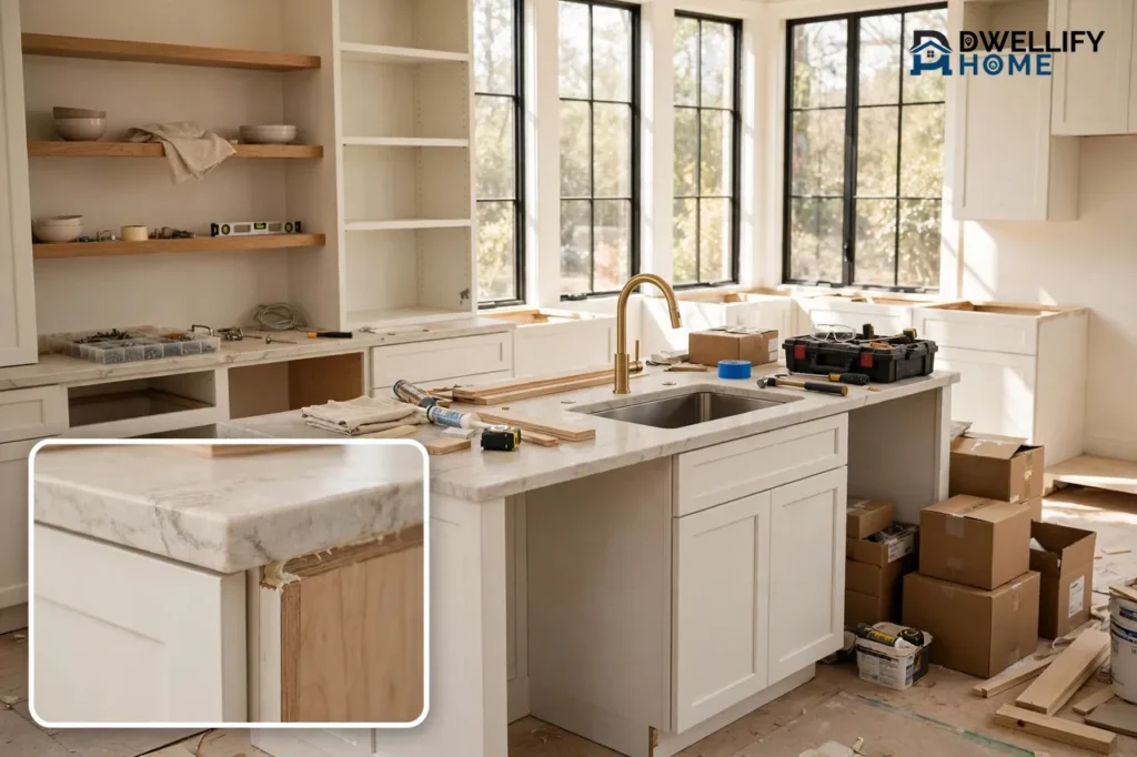 Bright kitchen mid-renovation with new white cabinets, a stone island with sink and brass faucet, and tools on the counter, plus a close-up inset of the new countertop edge