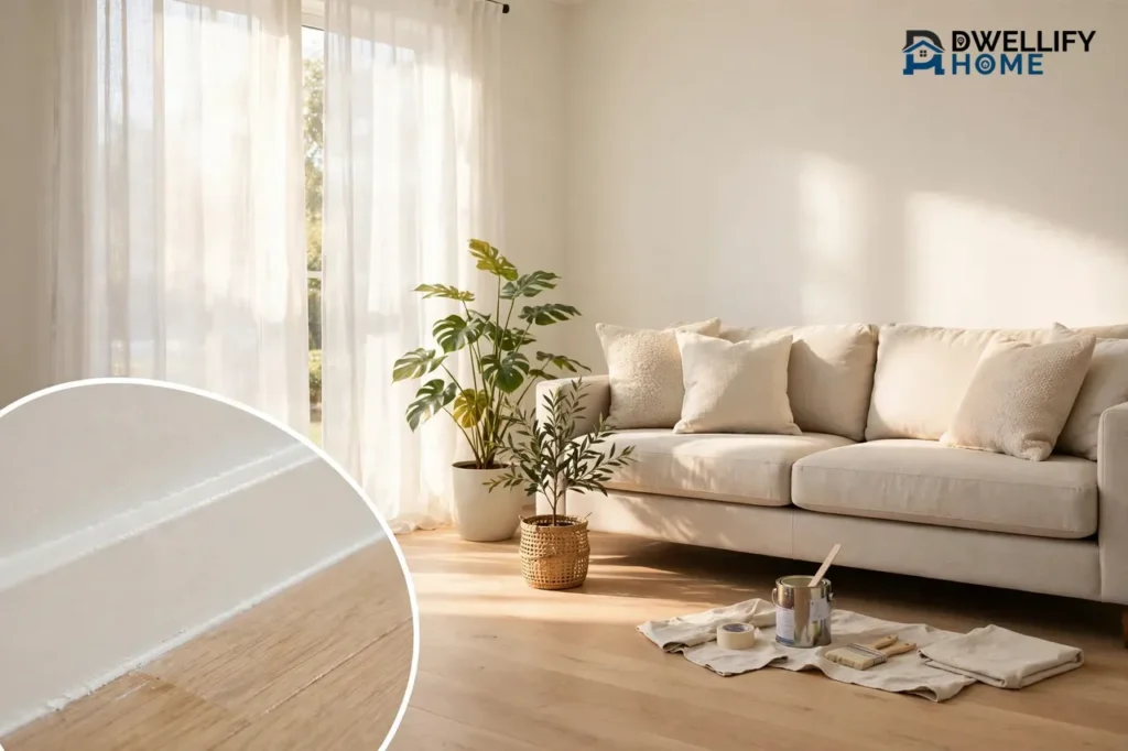 Bright home freshly renovated and staged for sale with paint supplies on a drop cloth, and a close-up inset of fresh paint and floorboards