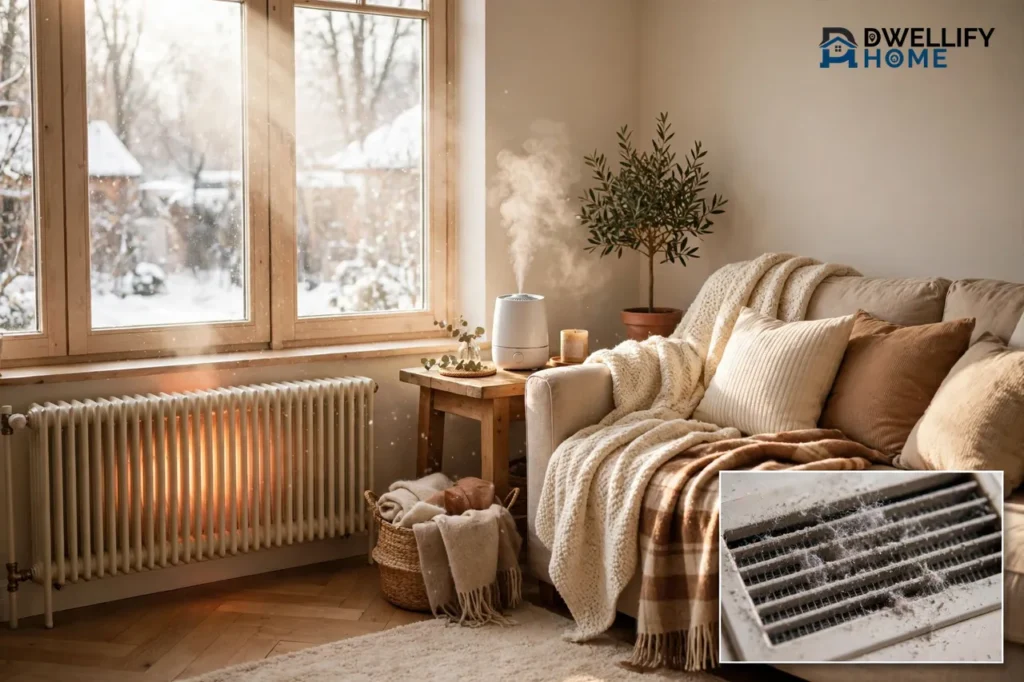 Cozy heated living room with radiator glow and humidifier mist, dusty vent inset