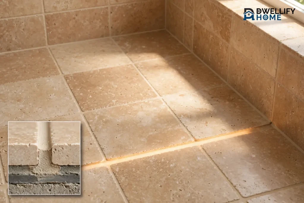 Warm tiled floor with one grout joint glowing, with a grout joint cross-section showing tile, grout and substrate