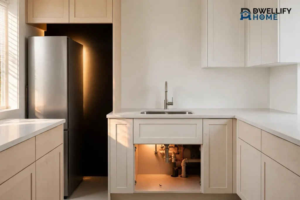 Clean bright kitchen with a soft glow highlighting the hidden gap behind the fridge and the open under-sink pipe void