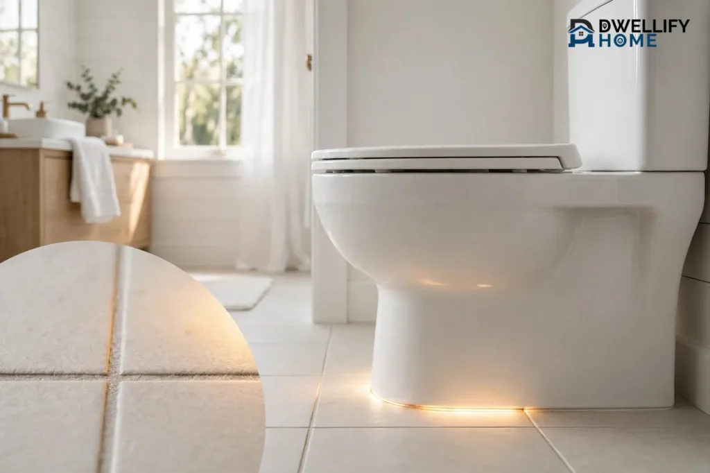 Bright clean white bathroom with a toilet whose base seal glows softly, and a circular inset of clean tile grout in the bottom left