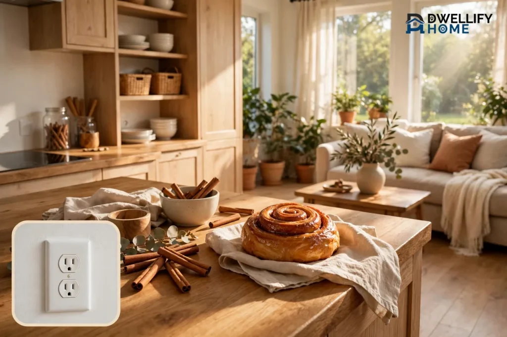 Warm sunny kitchen and living room with cinnamon sticks and a cinnamon roll on a wooden counter, plus a close-up inset of a plain white wall outlet