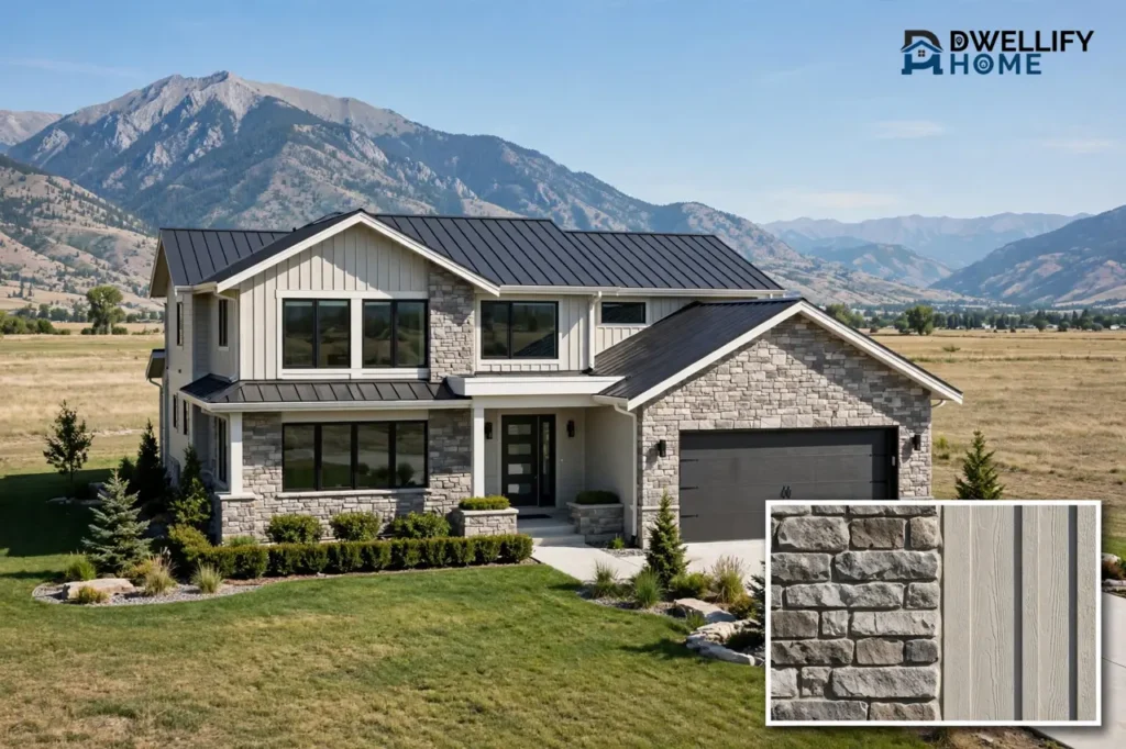 New suburban home with a mountain backdrop and open land, with a stone and siding detail inset