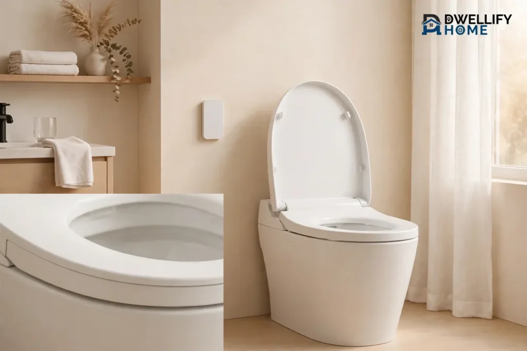 Generic modern white smart toilet with its lid open and a blank wall remote, with a magnified seat detail in the bottom-left corner