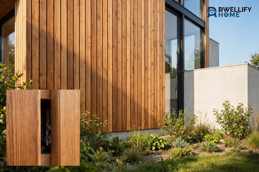 Modern house exterior with warm vertical timber cladding beside glass and concrete, wood grain and ventilation gap inset