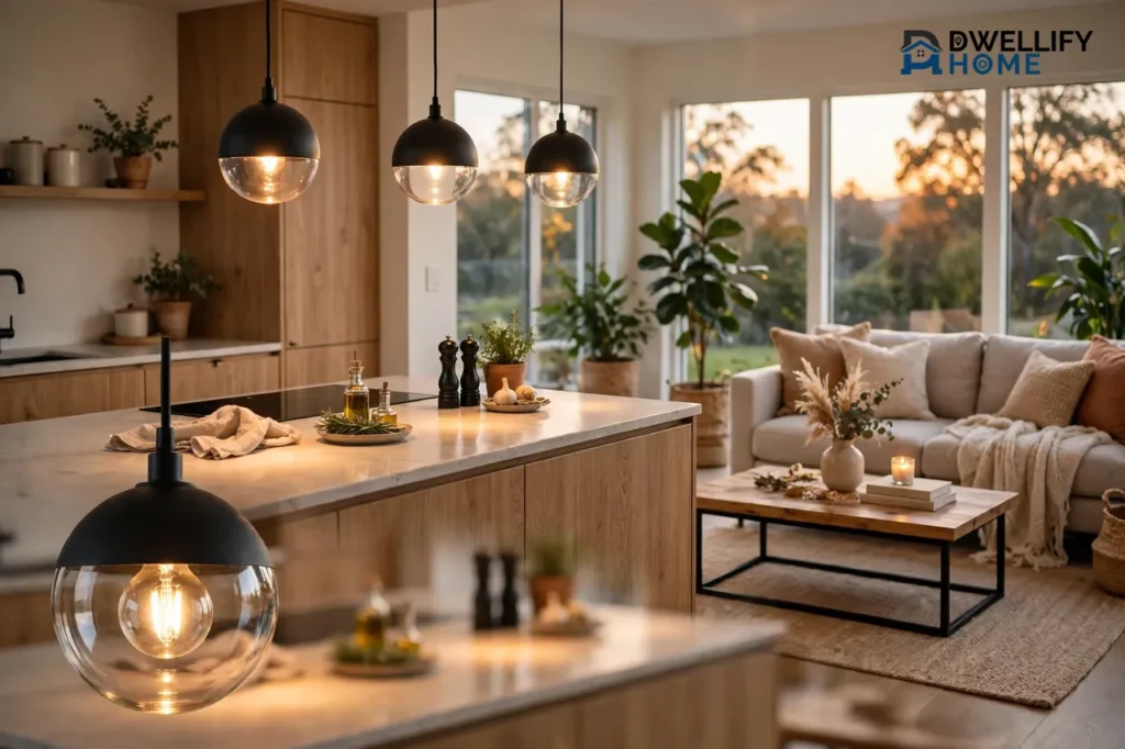 A modern open-plan kitchen and living space with a row of three black globe pendant lights over a kitchen island defining the kitchen zone, with a magnified close-up of one glowing pendant in the bottom-left corner