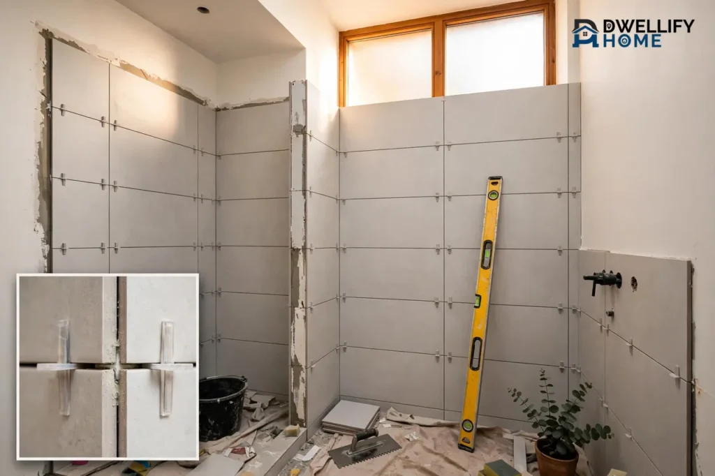 Partially tiled shower walls with spacers, grout lines and a level, tile spacer and grout joint inset