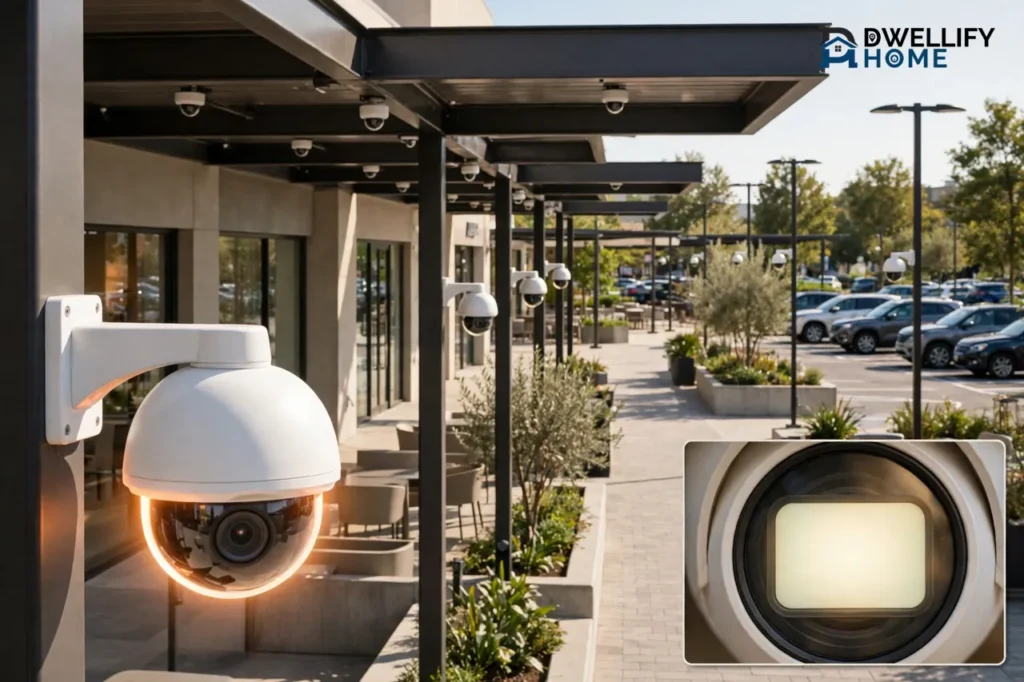 Shopping plaza walkway and parking area with dome cameras throughout, with a camera lens showing a blank glowing feed