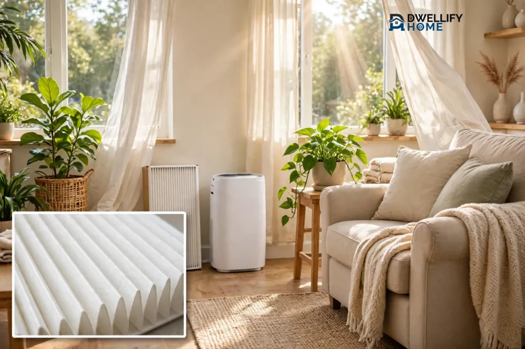 Bright clean living room with sunlight, plants and an air purifier, clean pleated filter inset