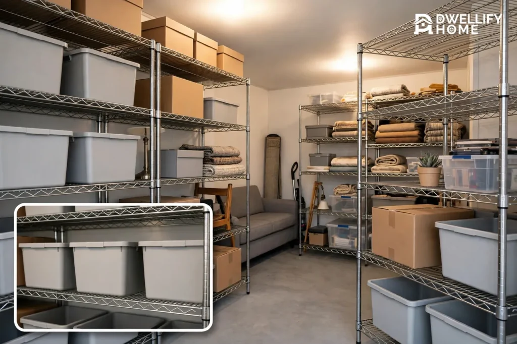 Tidy storage unit with modular shelving and plain unlabelled bins, with a bin-and-shelf inset