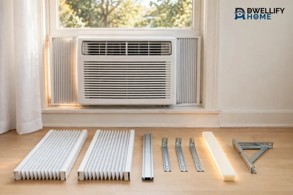 Window air conditioner with installation kit parts laid out: accordion panels, rails, brackets, foam and support bracket