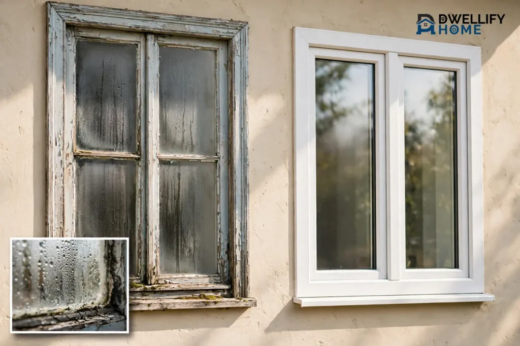 Old fogged peeling window beside crisp new white window, condensation seal inset