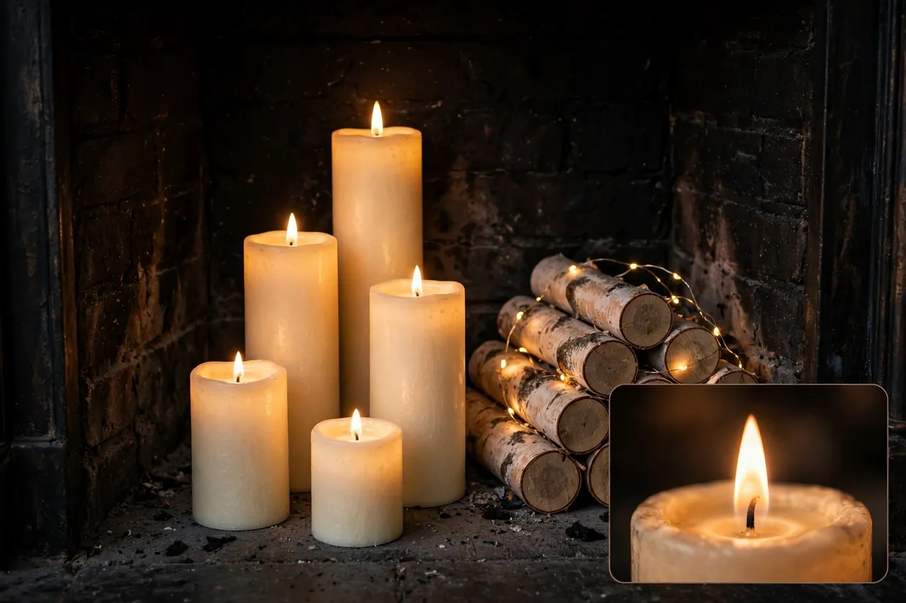 Five battery candles of different heights glowing beside birch logs with fairy lights inside a dark fireplace firebox, with a close-up inset of a flickering flame