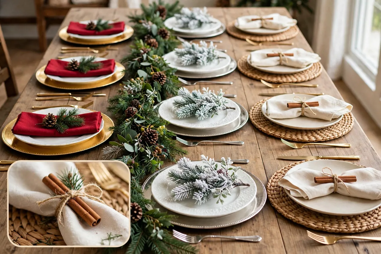 Long wooden table with three place-setting styles side by side: red napkins with gold chargers, white plates with silver chargers and frosted greenery, and rustic woven placemats with twine-tied napkins