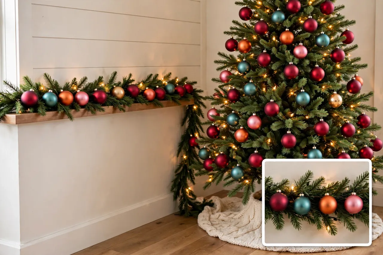A balanced Christmas tree and mantel garland with deep red as the lead color and teal, orange and pink ornaments repeated evenly across the tree and garland, one gold accent, plain greenery and a cream knitted tree skirt, with a magnified inset of evenly spaced garland ornaments
