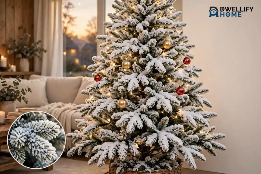 Snow-dusted flocked Christmas tree with warm lights and gold and red ornaments in a cozy living room, with a magnified inset of snow-covered branch tips