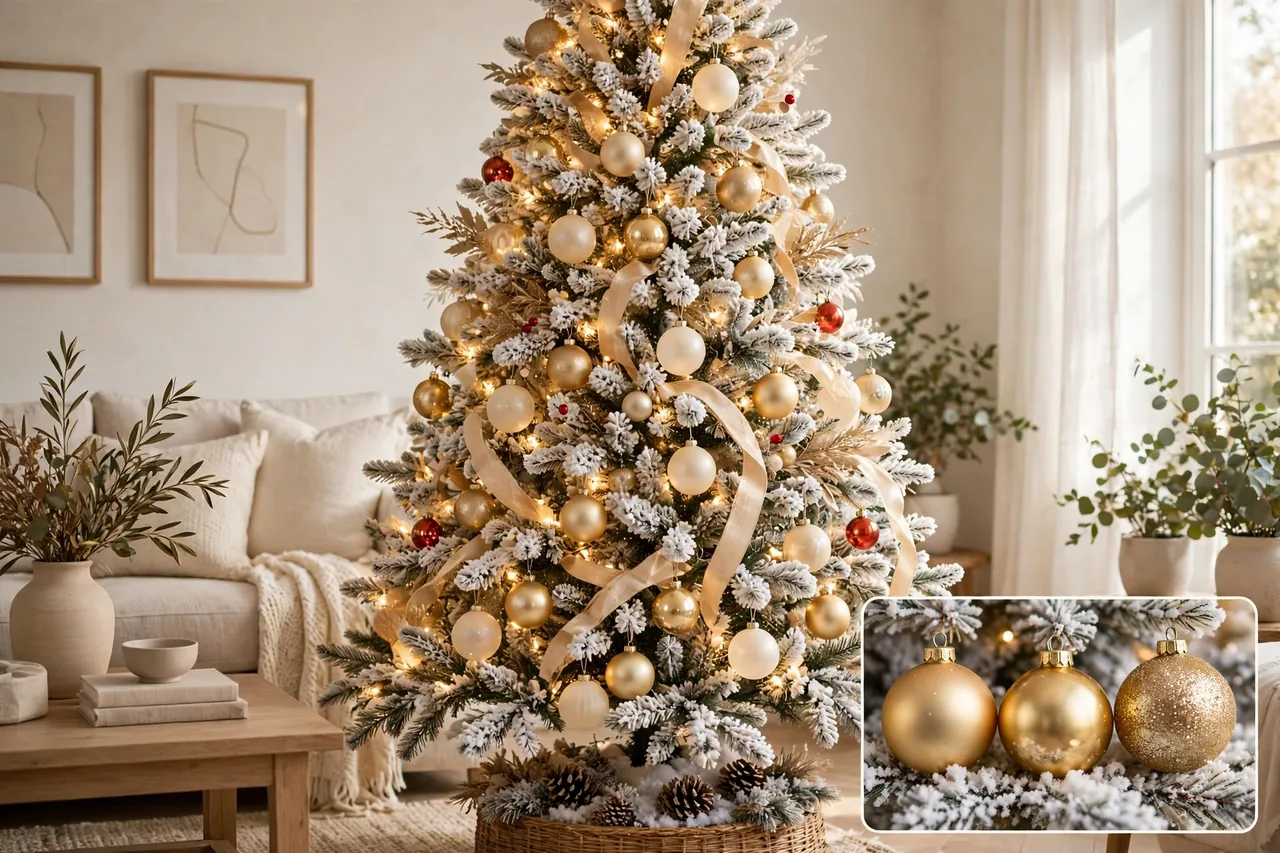 Flocked tree in gold and ivory with red glass accents and champagne ribbon, with a magnified inset of matte, shiny and glittered gold ornaments on snowy branches