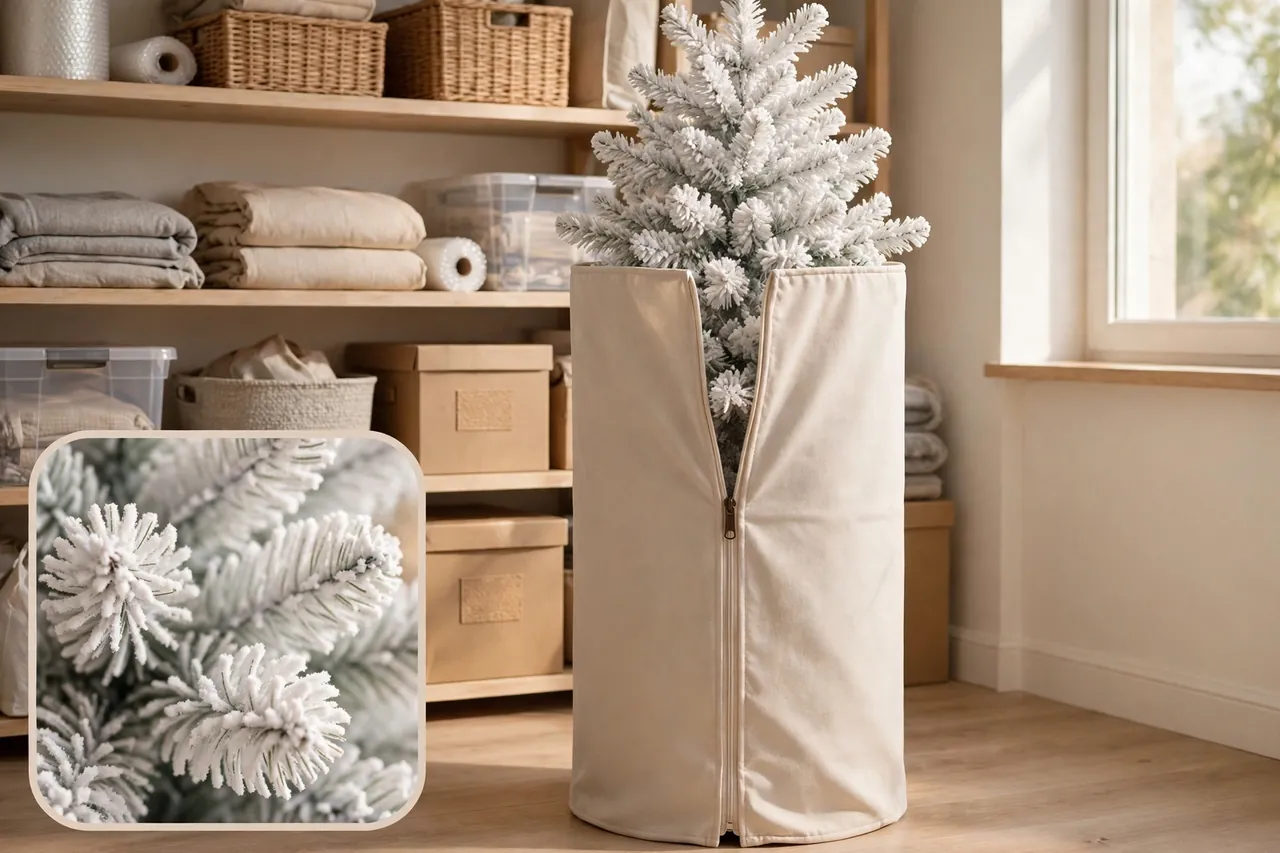 Flocked white Christmas tree standing in a tall cream upright storage cover, half-zipped, with a close-up inset of fluffy flocked branch tips