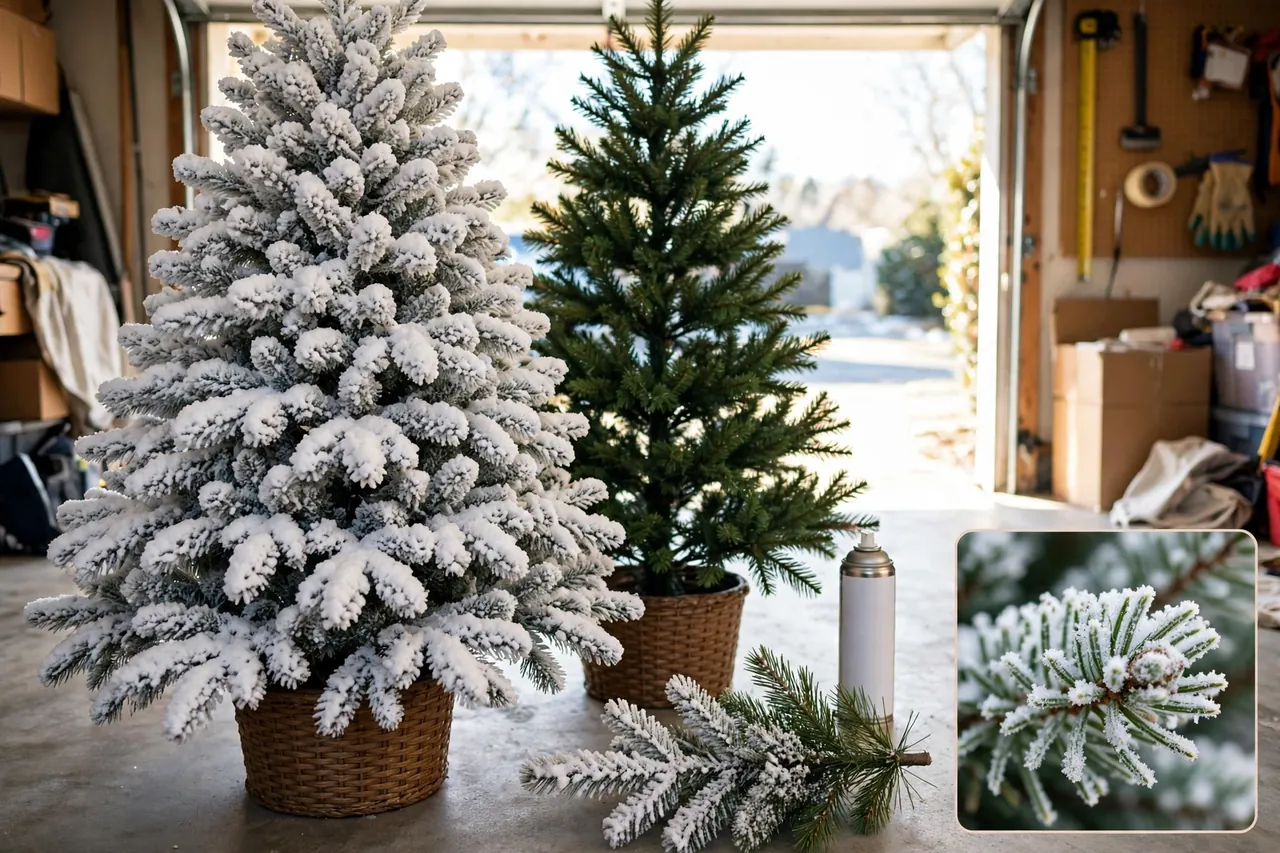 Fully pre-flocked snowy tree beside a plain green tree with a blank spray can and a half-flocked test branch, with a magnified inset of a lightly flocked branch tip