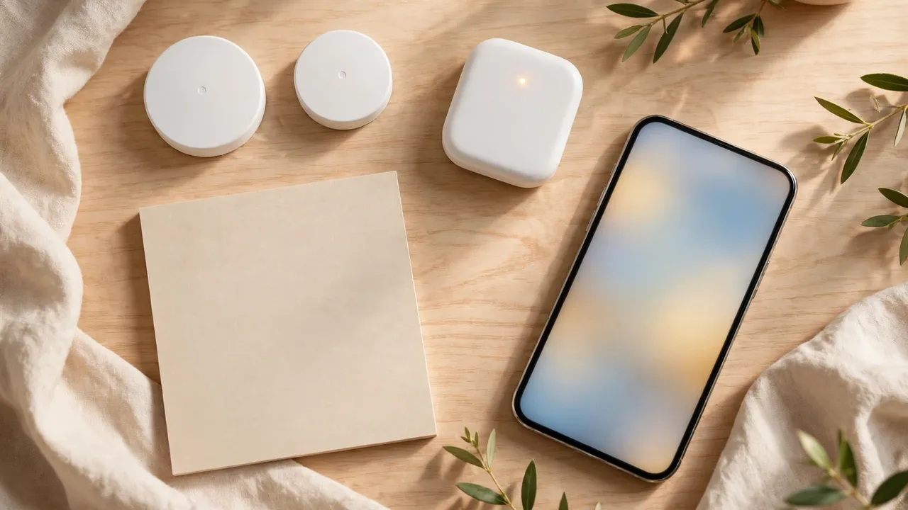 Two flood sensor pucks, a hub and a smartphone with a blurred screen beside a blank notepad — the buying checklist
