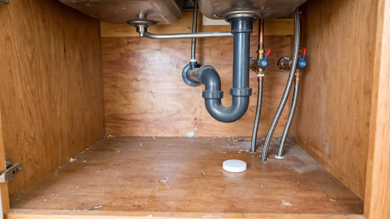 Flood sensor puck placed on the floor of an under-sink cabinet beside the trap and supply valves