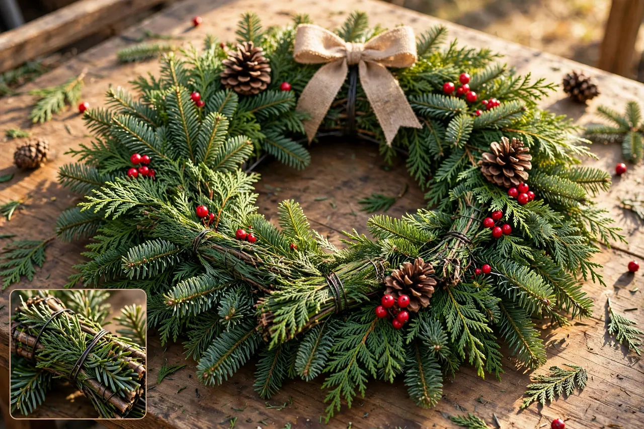 Fresh evergreen wreath of fir and cedar sprigs wired in overlapping bundles on a worktable, with pinecones, red berries and a burlap bow, plus a magnified inset showing a wired sprig bundle