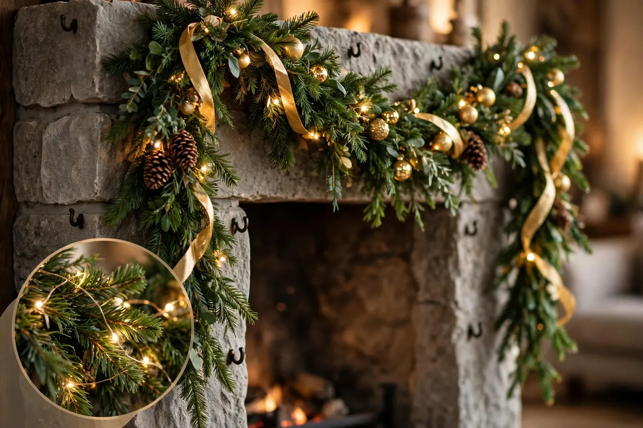 Green Christmas garland with gold ribbon, pinecones and warm fairy lights draped across a stone fireplace surround, with a close-up inset of lights woven in the greenery