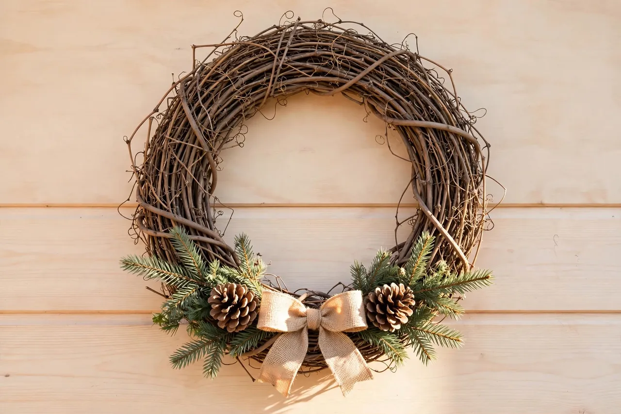Rustic grapevine wreath with bare woven vine showing, decorated only on the lower half with evergreen sprigs, two pinecones and a burlap bow