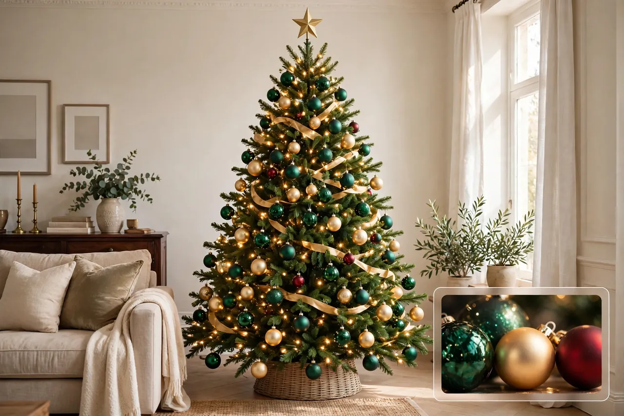 Dressier green Christmas tree with emerald green and soft gold ornaments, gold ribbon, gold star topper and a few deep red ornaments