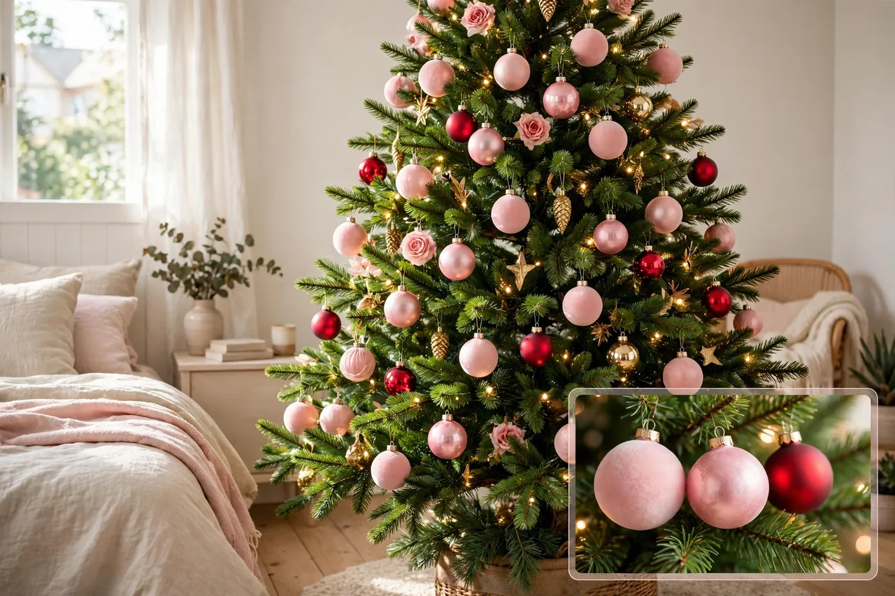 Green Christmas tree with blush pink and rose ornaments as the accent, a few red ornaments blended in, warm white lights and gold pieces