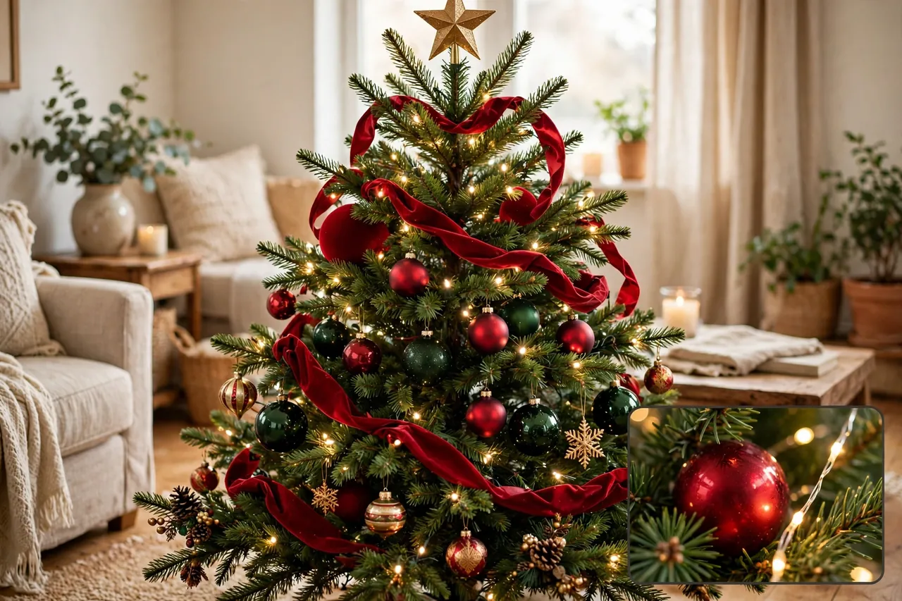 Green Christmas tree decorated in layers with warm white lights, gold star topper, red velvet ribbon swoops and large red ornaments deep in the branches